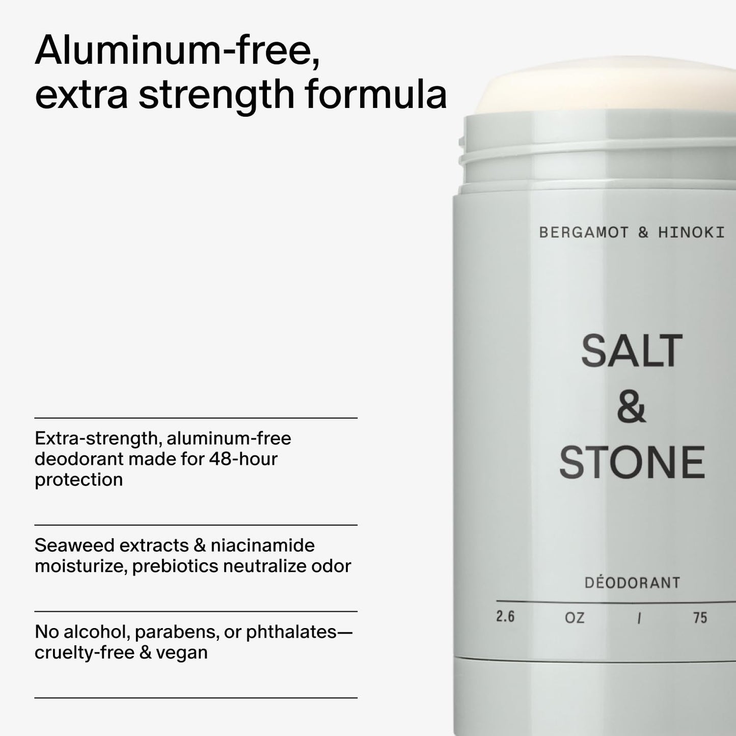 Salt & Stone Aluminum Free Deodorant | Extra Strength 48 Hour Protection for Women & Men | Made with Seaweed Extracts, Niacinamide & Prebiotics | Bergamot & Hinoki / Santal & Vetiver / Black Rose & Oud / Eucalyptus & Cedar / Vanilla & Sandalwood